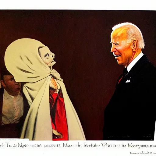 Image similar to joe biden dressed as nosferatu is terrified upon meeting the attractive wife of the world's most horrible man, painted by norman rockwell and tom lovell and frank schoonover