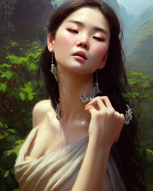 Image similar to a beautiful taiwan goddess with sundress with jewelry | | winter, realistic shaded, unpleasant face, good looking, fine details, realistic shaded lighting poster by greg rutkowski, magali villeneuve, artgerm, jeremy lipkin and michael garmash and rob rey