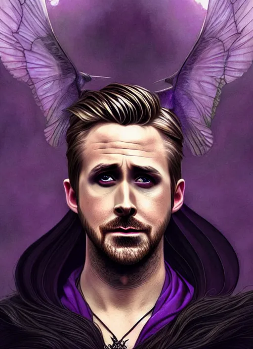 Image similar to side portrait Ryan Gosling as dark witch, adventurer outfit large cloak, fantasy forest landscape, dragon scales, fantasy magic, undercut hairstyle, short purple black fade hair, dark light night, intricate, elegant, sharp focus, illustration, highly detailed, digital painting, concept art, matte, art by WLOP and Artgerm and Greg Rutkowski and Alphonse Mucha, masterpiece