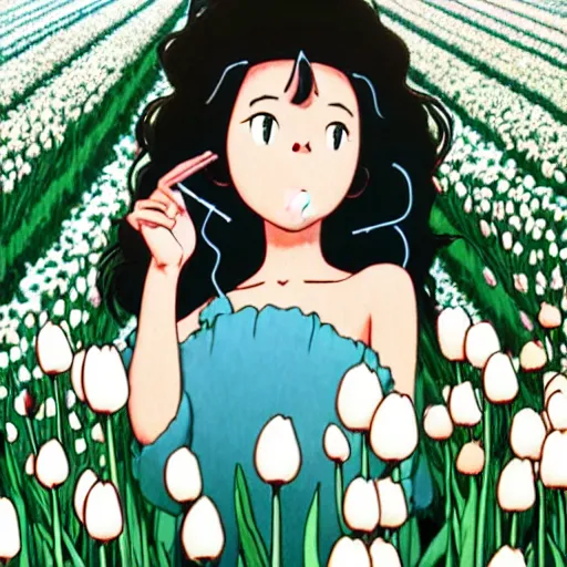 Image similar to beautiful dark skin mexican woman, dancing in a field of tulips and baby's breath, septum piercing and nose ring, prominent cheek bones, black hair and brown eyes, studio ghibli art style, art by hayao miyazaki, makoto shinkai