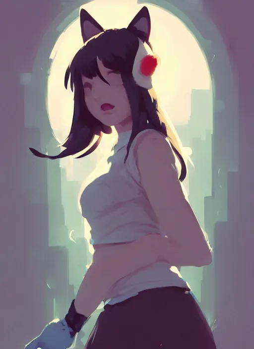 Image similar to portrait of cute catgirl with cat ears, by atey ghailan, by greg rutkowski, by greg tocchini, by james gilleard, by joe gb fenton, by in kaethe butcher, dynamic lighting, gradient light blue, brown, blonde cream and white color in scheme, grunge aesthetic