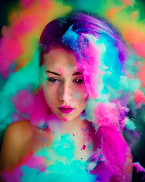 Image similar to a dramatic lighting photo of a backlight beautiful young woman with cotton candy hair. paint splashes. with a little bit of cyan and pink
