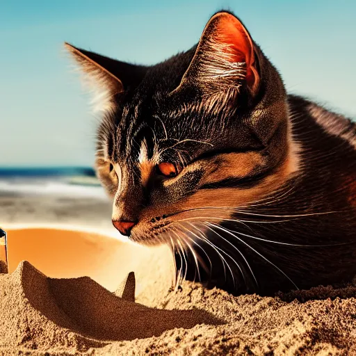 Image similar to photo of a cat building a sandcastle on a beach, photorealistic, 8 k photo, golden hour, award winning editorialized