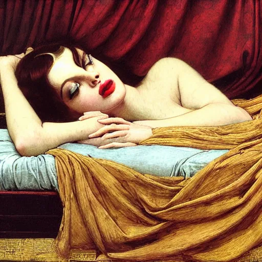 Prompt: reclining on bed, hybrid of judy garland and lady gaga, aged 2 5, brown fringe, huge downslanted eds eyes, large full lips, wide shot, yellow ochre ornate medieval dress, john william waterhouse, kilian eng, rosetti, john everett millais, william holman hunt, william morris, 4 k