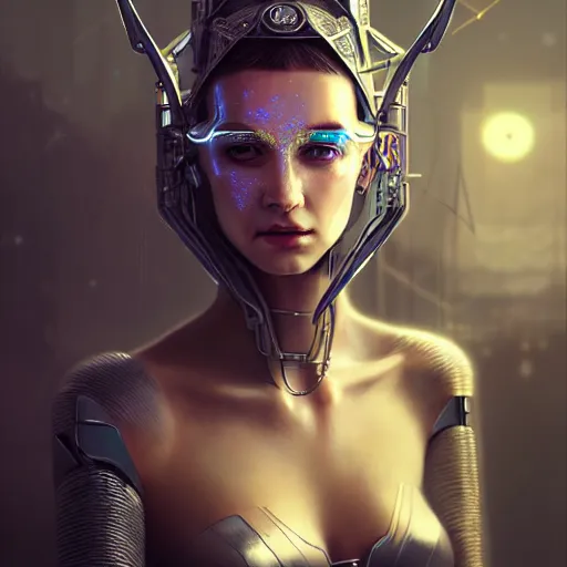 Prompt: cyberpunk robotic dark elvish queen, diadem on the head, extremely detailed, hyperrealistic, intricate, soft light, fantasy, digital painting, art station, perfect faces, fine details, by wlop