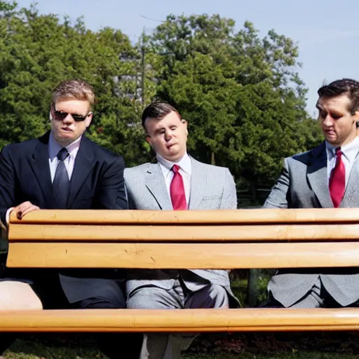 Image similar to two clean - shaven chubby white men in suits and neckties sitting on a park bench. each men are holding manila folders.