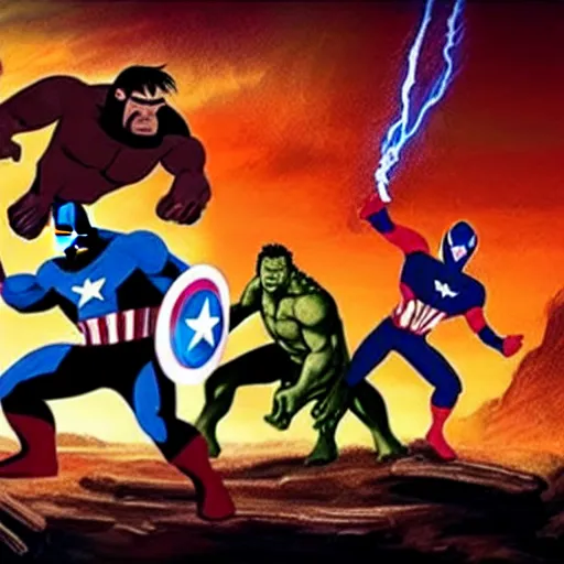 Image similar to a prehistoric cave painting of the avengers battling thanos