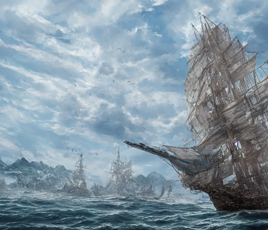 Prompt: a beautiful painting of a solitary monstrous sail ship anchored at harbor, by hyao miyazaki, alariko, joseph gonzalez, trending on artstation, beastly, predator, organic, masterpiece, hyper detailed, intricate, multiple angles, unreal engine, 4 k
