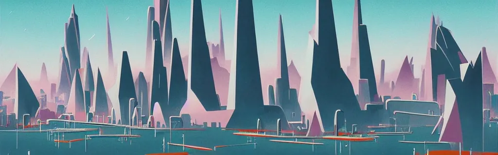 Image similar to sci - fi city with floating faceted angular buildings, modernism, gouache, animated film, stylised, illustration, by eyvind earle, scott wills, genndy tartakovski, syd mead