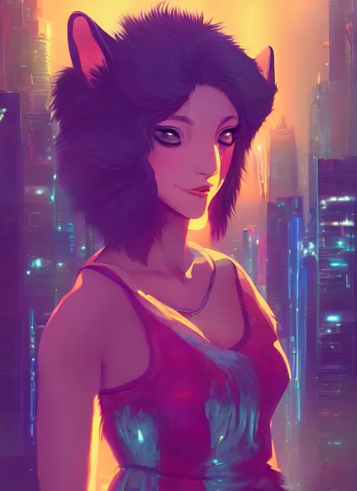 Image similar to beautiful portrait commission of a female furry anthro mountain lion wearing a dress. Cyberpunk city at night in the rain. Neon light. Atmospheric. Character design by charlie bowater, ross tran, artgerm, and makoto shinkai, detailed, inked, western comic book art