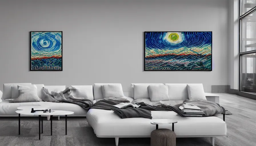 Image similar to interior futuristic art gallery wide angle highly detailed by santiago calatrava, three wall hanging paintings famous pieces by gogh!, captivating 8 k hdr, octane render godrays hyperrealism