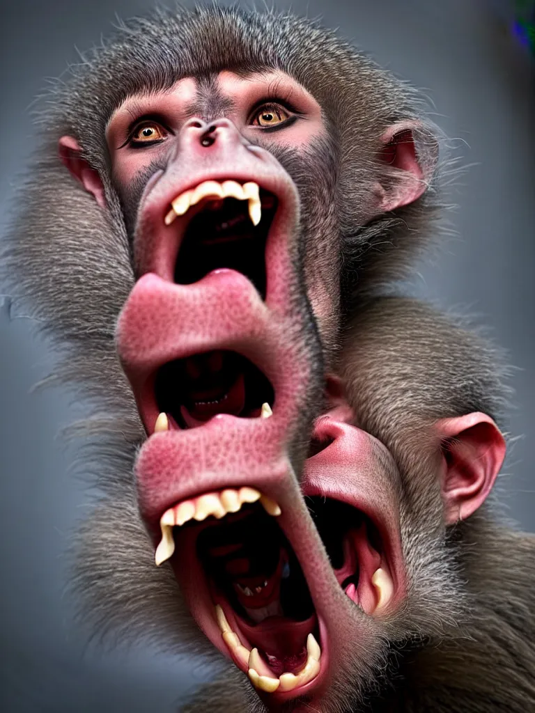 Prompt: a formal portrait photograph of a screaming man transforming into a hairless baboon