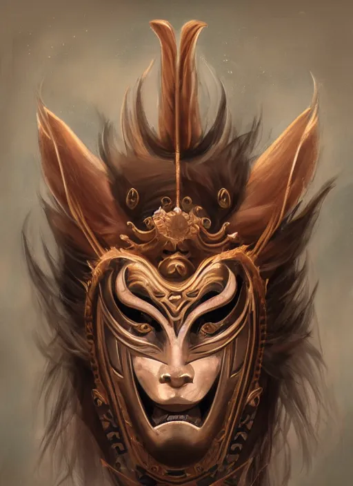 Prompt: a beautiful detailed oil on copper art illustration of a japanese oni kitsune mask shogun woman, the mask is broken, centered, by charlie bowater, zeng fanzh, trending on artstation, dim dusk lighting, cinematic lighting, detailed lighting, volumetric lighting, realistic, f 8, 4 k hd wallpaper