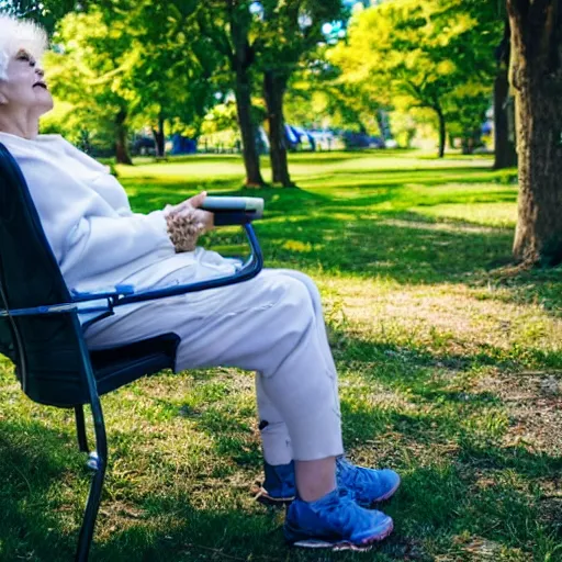 Image similar to an older woman sitting in a park using an oxygen tank, 4 k,