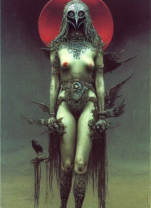 Image similar to full body girl in detailed ornamental mask of crow by Beksinski and Luis Royo