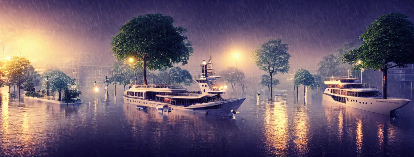 Image similar to cruising ship sailing at raining night at flooded miniature city, sun is on the rise on the town, cute style garden, octane render, trees, evergreen, patio, garden, wet atmosphere, tender, soft light misty yoshitaka amano, and artgerm