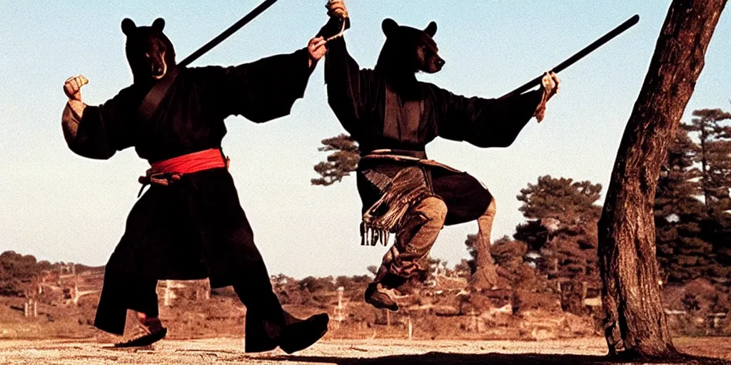 Prompt: scene from Shogun’s Shadow, 1989, movie still, cinematic, anthropomorphic, half man half asian black bear, black bear samurai, epic, samurai