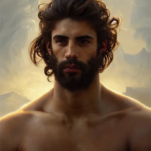 Prompt: very very very epic portrait of the greek man patroclus, soft hair, muscular, half body, leather, hairy, d & d, fantasy, intricate, elegant, highly detailed, digital painting, artstation, concept art, smooth, sharp focus, illustration, art by artgerm and greg rutkowski and alphonse mucha