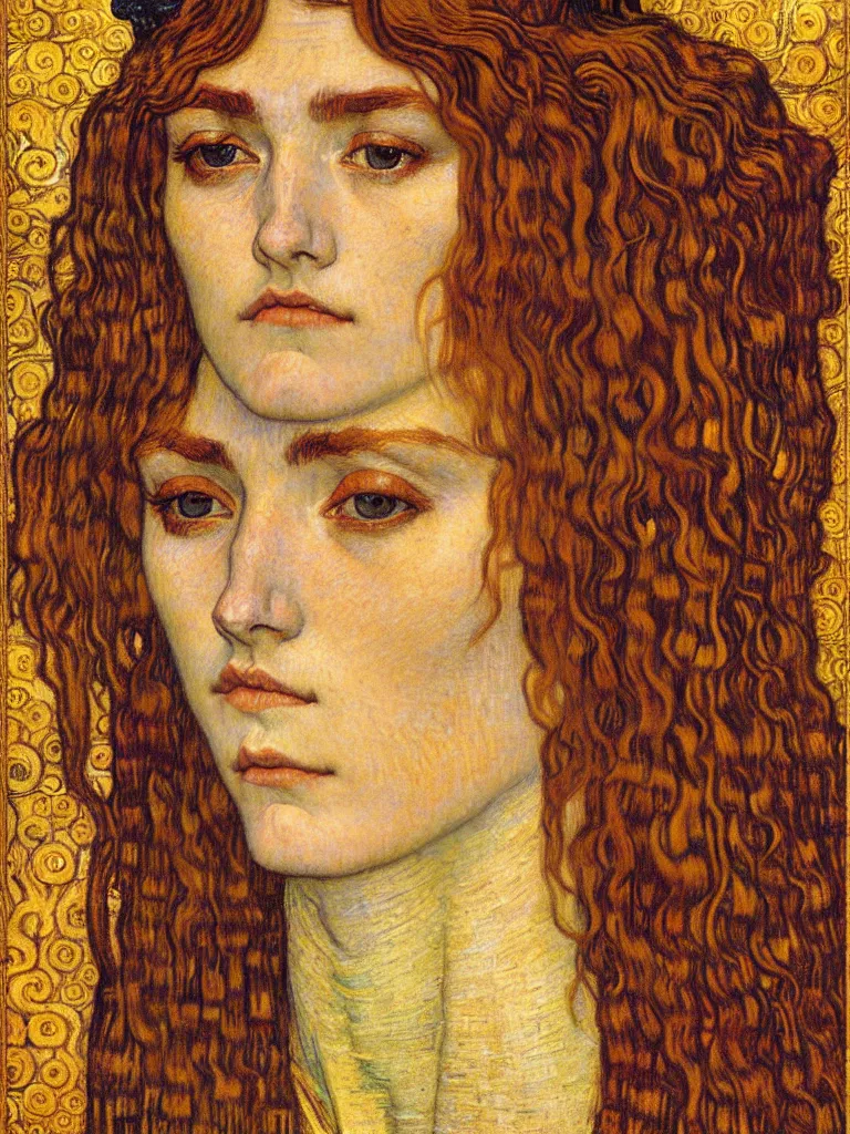 Image similar to detailed realistic beautiful young medieval queen face portrait by jean delville, gustav klimt and vincent van gogh, art nouveau, symbolist, visionary, gothic, pre - raphaelite, muted earthy colors, desaturated