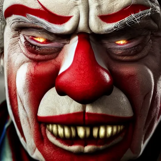 Prompt: donald trump as a clown! in gears of war, splash art, movie still, cinematic lighting, ray tracing, detailed clown face!, octane render, long lens, shallow depth of field, bokeh, anamorphic lens flare, 8 k, hyper detailed, 3 5 mm film grain