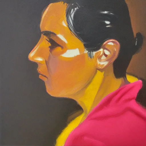 Prompt: profile portrait in peruvian realist style ( 1 9 5 4 ), yellow ochre, quinacridone magenta, mars black, modeled lighting, detailed, expressive, shadows