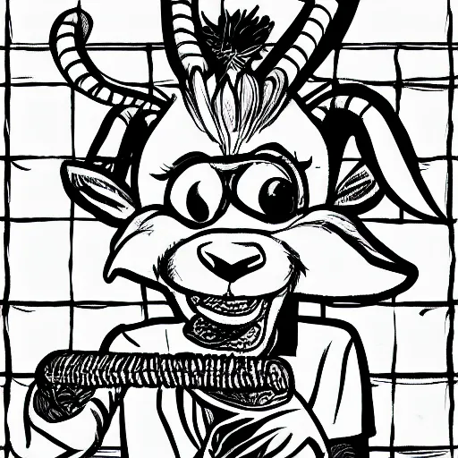 Image similar to billy the Disney goat with a whole churro in his mouth, line art