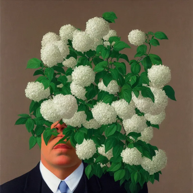 Image similar to portrait of a man, face hidden by beautiful flowers, by rene magritte, detailed painting, hd, hq, high resolution, high detail, 4 k, 8 k