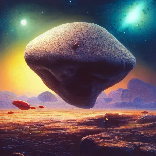 Prompt: a beautiful painting of a giant floating massive rock in space, small mushrooms on surface, full subject in view, by john harris, takashi murakami, dzo, lumi, mark rothko, rendered in unreal engine, trending on artstation, epic scale fisheye view, deviantart, cyberpunk, 4 k