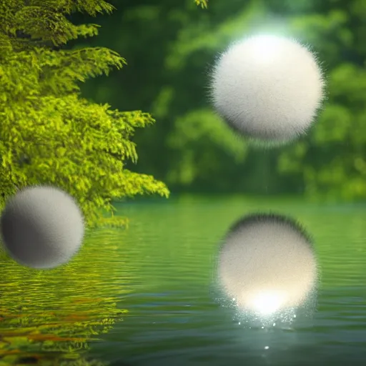 Image similar to a fuzzy orb floating on a pond, calm water, photorealistic, 4 k, detailed