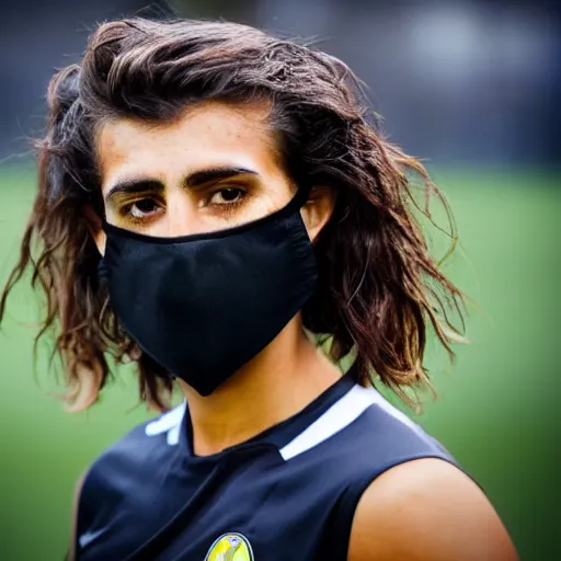 Image similar to unfit kurdish soccer player with face mask and great hair
