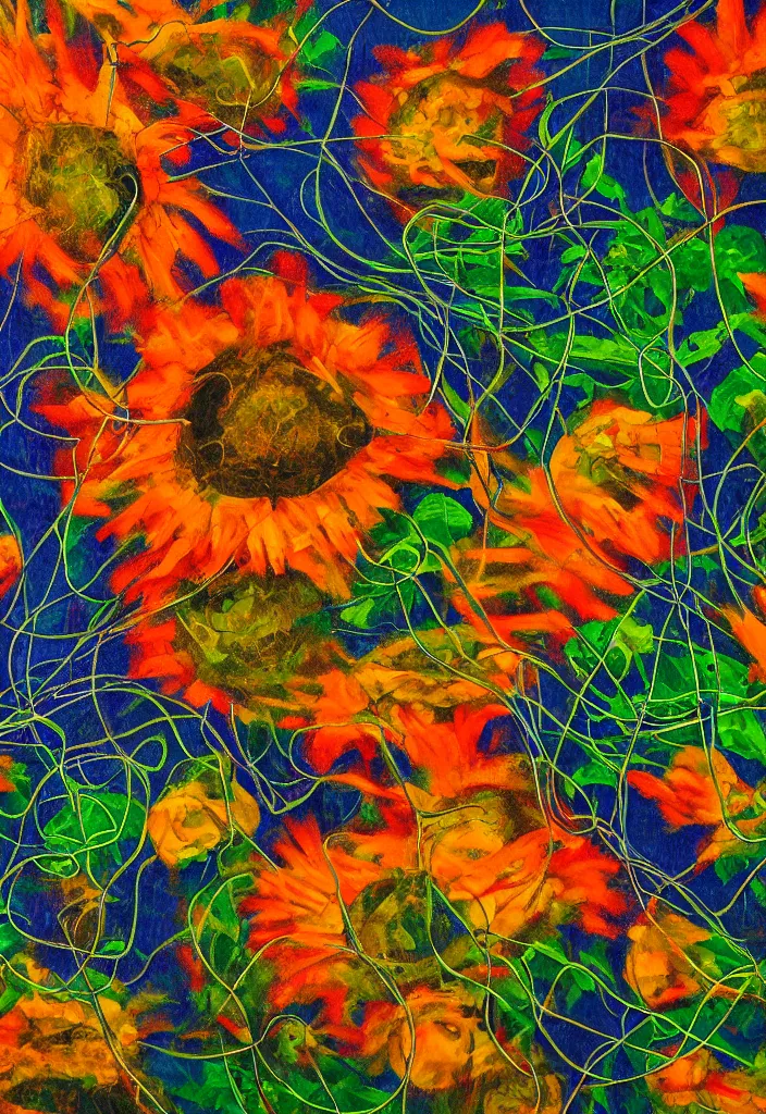 Image similar to award winning abstract expressionism artwork about entangled sunflowers and falling nasturtiums with vines, high definition, fine details, closeup, volumetric lighting