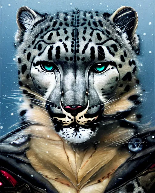 Image similar to a portrait of an anthropomorphic cyberpunk snow leopard by sandra chevrier, by jon foster, detailed render, tape deck, epic composition, cybernetics, 4 k realistic, cryengine, realistic shaded lighting, sharp focus, masterpiece, by enki bilal