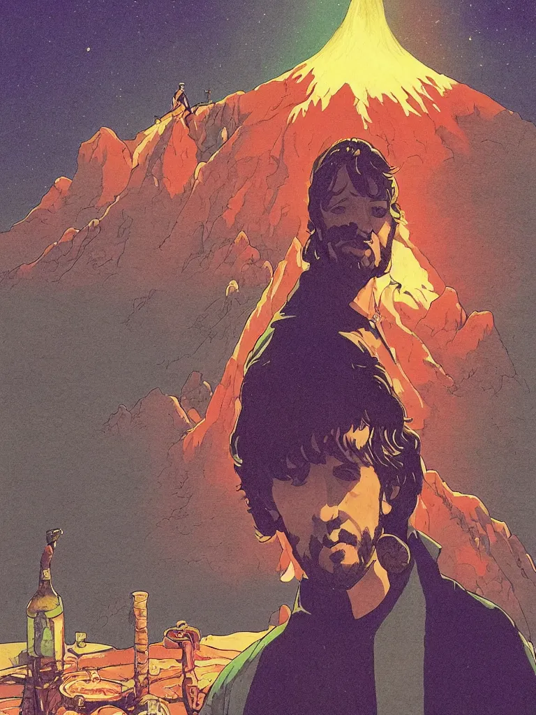 Prompt: an image of ringo starr as samwell from the lord of the rings, taking mind altering drugs, dreaming psychedelic hallucinations in the vast middle earth landscape, by kawase hasui, moebius, edward hopper, colorful flat surreal design, dramatic lighting, hd, 8 k, artstation