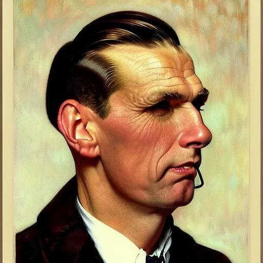 Image similar to Portrait of a stern businessman by J.C Leyendecker and Norman Rockwell, he is about 40 years old, mixture between russian and irish, side parted combover brown hair, attractive, NARROW very very very very sharp face ANGULAR hawkish facial features, hooked nose , extremely pale white skin, smart looking, he is wearing a black trenchcoat, highly detailed portrait, scifi, digital painting, artstation, concept art, smooth, sharp foccus ilustration, Artstation HQ