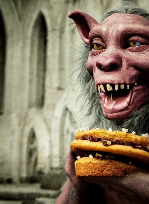 Image similar to closeup portrait of a medieval goblin eating cakes in the cloisters, depth of field, zeiss lens, detailed, symmetrical, centered, fashion photoshoot, by Annie Leibovitz and Steve McCurry, David Lazar, Jimmy Nelsson, Breathtaking, 8k resolution, extremely detailed, beautiful, establishing shot, artistic, hyperrealistic, beautiful face, octane render