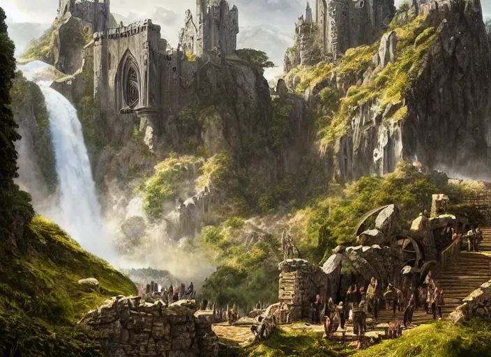 Image similar to medieval adventurers in the shire scenery landscape, lord of the rings, enormous waterfall ruins, rule of thirds, highly detailed, perfect lighting, perfect composition, 4 k, artgerm, derek zabrocki, greg rutkowski