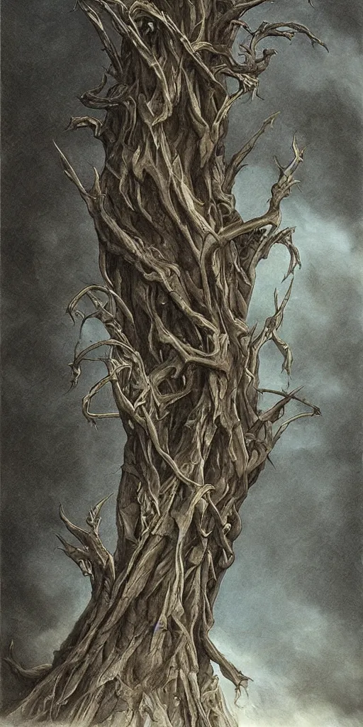 Image similar to artwork by john howe of a grim catalpa