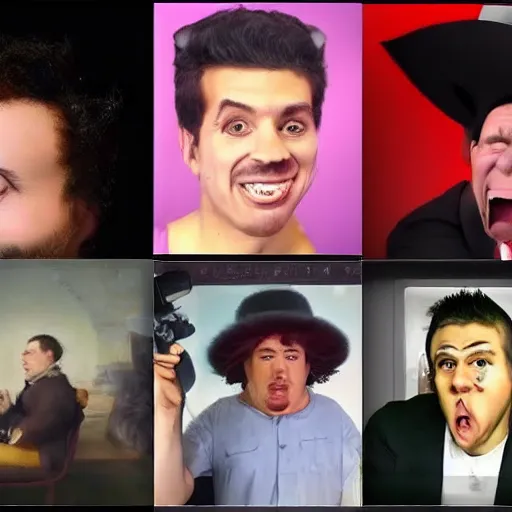 Prompt: 5 annoying youtube influencer channel thumbnails in the style of francisco goya