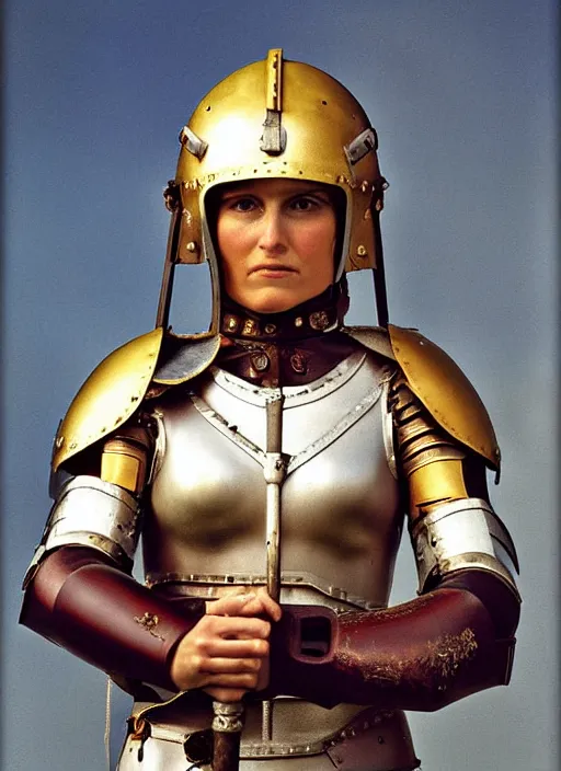 Prompt: portrait of female roman gladiator with helmet and armor, color photograph by annie leibovitz