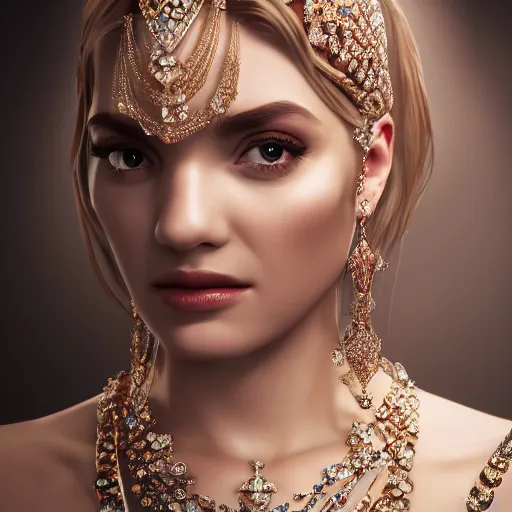 Image similar to portrait of wonderful princess of diamond with fair skin, ornate with diamonds, 8 k, gorgeous, intricate, detailed, glowing white accent lighting, dramatic lighting, octane render