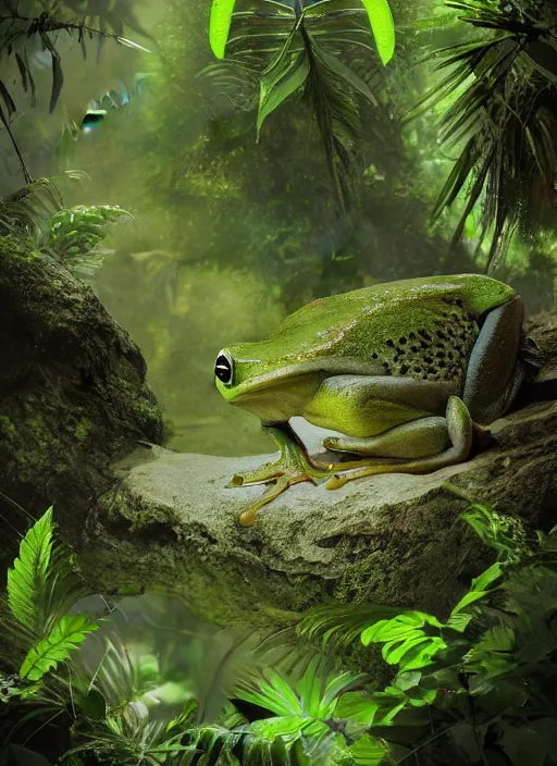 Image similar to a beautiful matte painting of a green frog in the jungle, kambo