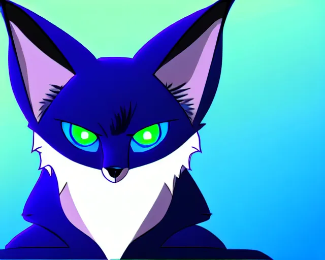 Image similar to a blue - and - black male catbat fursona with blue / green heterochromatic eyes ( differently - colored eyes, one eye green, one eye blue ) and huge bat ears, photo of the catbat streaming on his computer