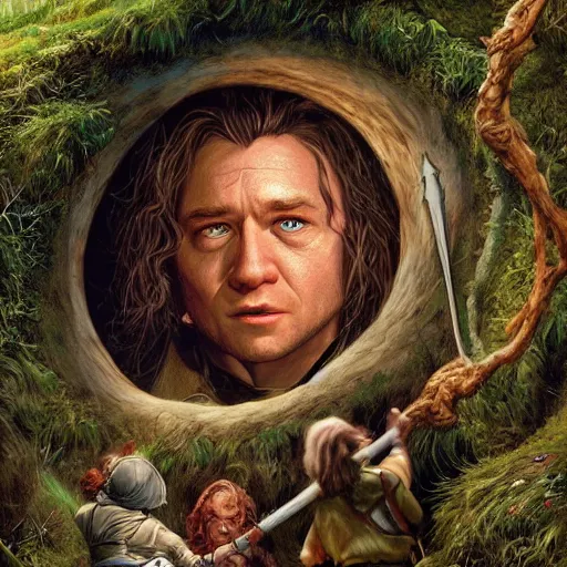 Prompt: In a hole there lived a hobbit by Joe Jusko, rendered in hyperdetailed Ultra HD, trending on ArtStation, luminous