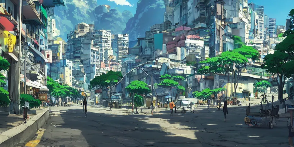 Prompt: rio de janeiro streets in an anime film, directed by makoto shinkai, cinematic, key visual, highly detailed, sharp focus