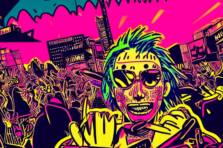Image similar to pop art of a punk at a japanese metal concert in a cyberpunk world, bright neon colors, intricate details, complementary colors, detailed face, backlighting, octane render, depth of field, extremely detailed, trending in artstation, focus on face, sharp focus, radiant light, beautiful composition, drawn by roy lichtenstein, keith haring, romero britto