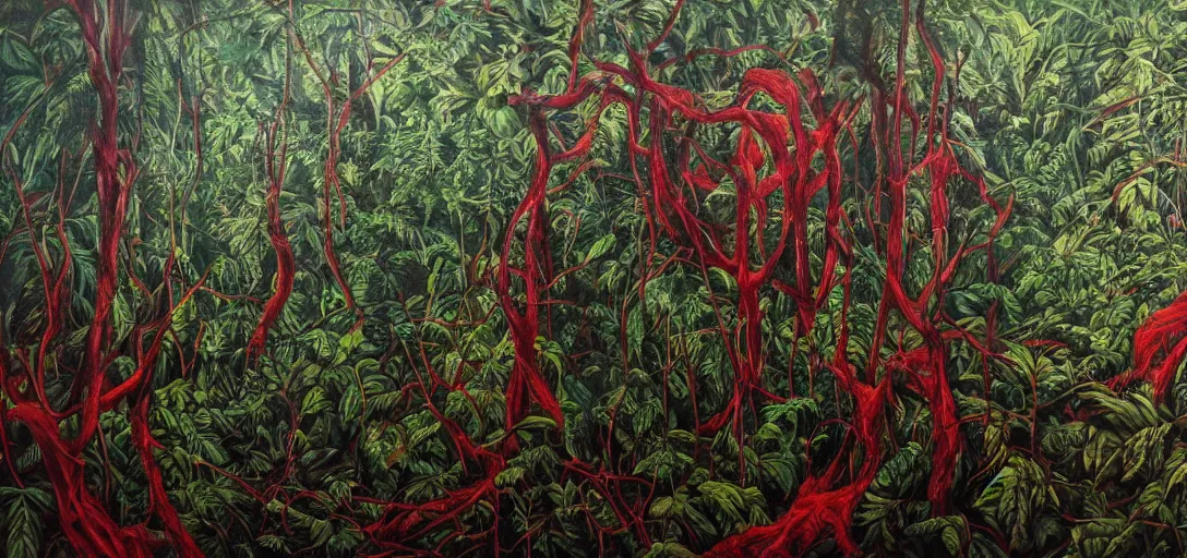 Image similar to hyperrealistic oil painting on canvas, hyperdetailed jungle made of blood and veins