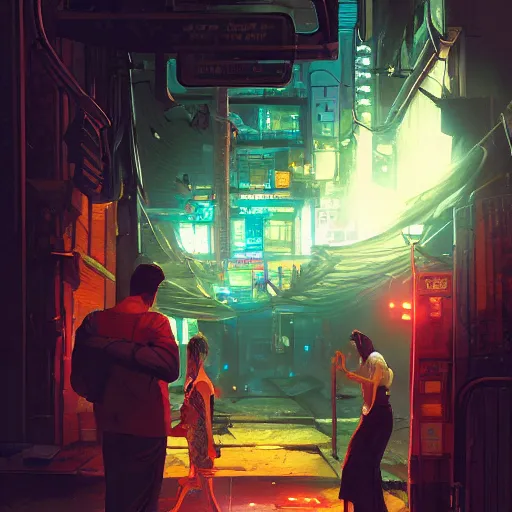 Prompt: two people haggling, detailed digital illustration by greg rutkowski, cyberpunk back alley, nighttime, colorful lighting, android netrunner