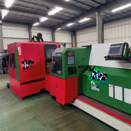 Image similar to cnc lathe from haas stands in a green field, the sky is bright red with clouds