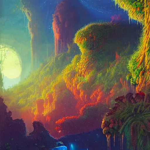 Image similar to detailed illustration of a lush natural scene on an alien planet by paul lehr. beautiful landscape. weird vegetation. cliffs and water.