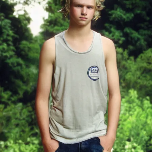 Prompt: Portrait of a sad looking teenage boy, around 20 yo, natural blonde hair and smooth pale skin. Fisher net tank top, Award winning photograph.